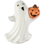 Dekoratief | Spookje m/pompoen, wit/oranje, porselein, LED, 15x10x17cm | A265371