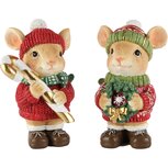 Dekoratief | Kerstmuisje staand, rood/groen, resina, 9x7x14cm, set van 2 stuks | A265434