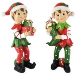 Dekoratief | Kerstelfje m/cadeautjes, groen/rood, resina, 11x10x23cm, set van 2 stuks | A265442