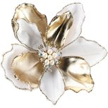 Dekoratief | Deco bloem op clip, wit/goud, polyester, 16x16cm | A265530