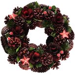 Dekoratief | Krans m/dennenappels/bloemen, bordeau/groen, naturel, 34x34x9cm | A265573