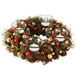 Dekoratief | Tafelstuk rond m/bessen/dennenappels, rood/naturel, 28x28x7cm | A265515