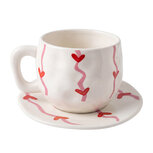 Clayre & Eef | Kop en schotel Wit Rood 12x9x8 cm / ø 14x2 cm / 250 ml | 6CEKS0148