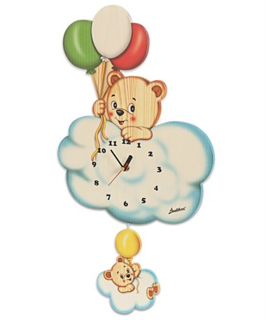 Muurklok hout beer op wolk met ballonnen | Bartolucci