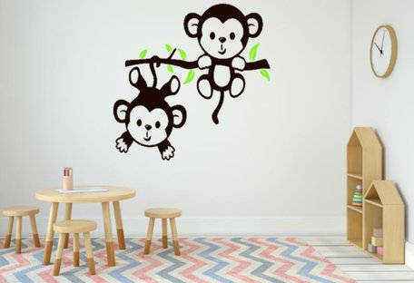 Sticker twee aapjes aan een tak bruin/groen 35 x 35 cm | Rosami