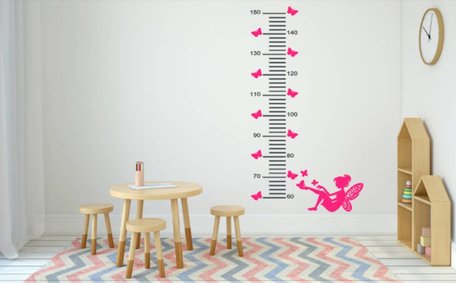 Sticker groeimeter fee met vlinders grijs/roze 99,95 x 25 cm | Rosami