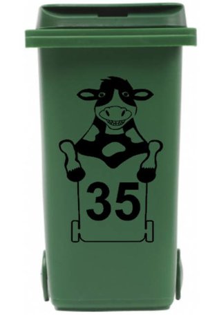 Sticker koe kliko met huisnummer voor afvalcontainer | Rosami
