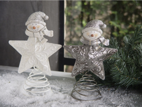 Metalen ster decoratie / piek kerstboom met sneeuwman 20 cm set van 2 wit & zilver | LAN-12476 | La Galleria