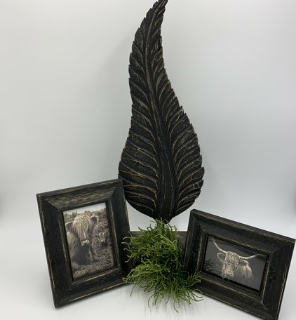 Ornament hout blad veer antiek zwart grijs klein 57 x 16 cm | 65562 | Home Sweet Home | Stoer & Sober Landelijke Woonstijl