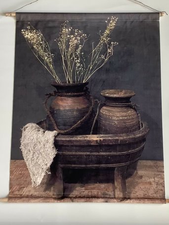 Wandkaart stof Nepalese potten in een houten bak 70 x 80 cm met ophangtouw Wanddoek wandkleed | 65578 | Home Sweet Home