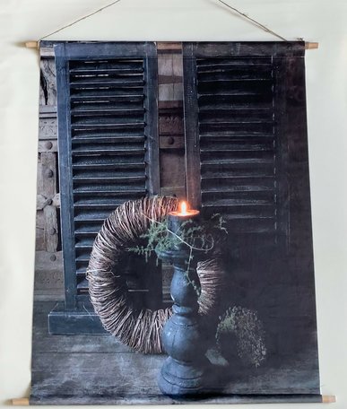 Wandkaart nostalgie op stof louvre luiken krans kaars 70 x 80 cm met ophangtouw Wanddoek wandkleed | 65582 | Home Sweet Home