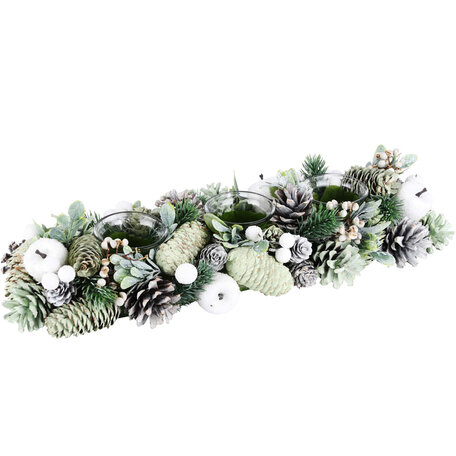 Kerststuk tafelstukje langwerpig groen witte appeltjes 3 theelichthouders decoratie dennenappels 44 cm | A225222 | Dekoratief