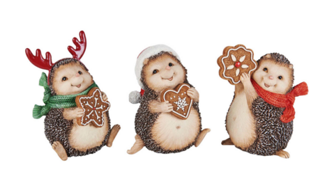 Set van 3 decoratie egeltjes beeldjes kerst zittend kerstmuts koekje gewei | A225647 | Dekoratief