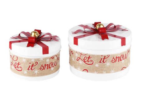 Set van 2 opbergdozen decoratie blik Let it snow metaal jute strik kerstbel wit rood goud 21 cm | A225737 | Dekoratief