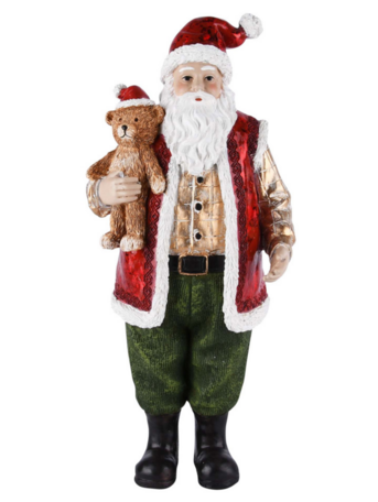 Decoratie beeld kerstman met beer in hand 12x9x27cm rood groen goud | A225901 | Dekoratief