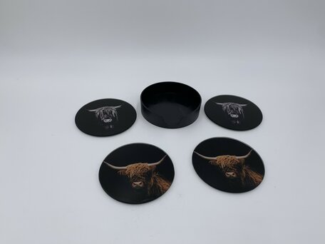 Onderzetters voor glazen set van 4 Schotse Hooglander met houder zwart wit sepia glas ø 10 cm | 6107409 | Stoer & Sober