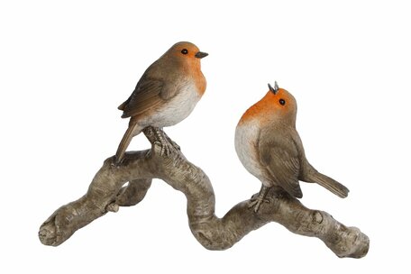 Decoratiebeeld 2 vogels Robin Roodborst op een tak  polystone 27 x 17 cm| 010284 | Home Sweet Home | Stoer & Sober Woonstijl