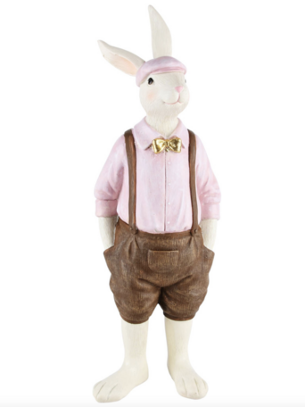 Decoratie konijn jongen staand strik bretels pet bruin roze resina 12x8x35cm | A220817 | Dekoratief Pasen