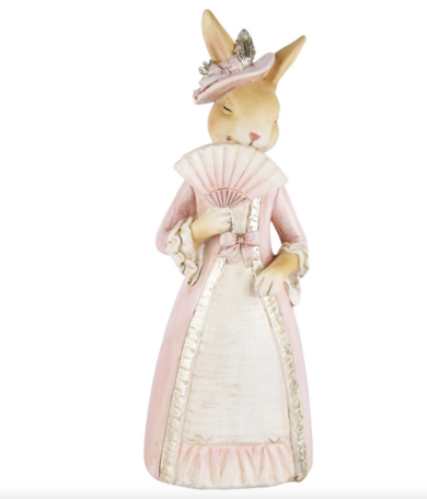 Decoratie beeld konijn met waaier in hand naturel roze resina 8x6x20cm staand | A230259 | Dekoratief Pasen 