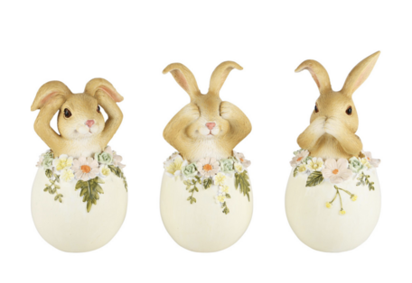 Set van 3 Konijnen in een ei horen zien zwijgen decoratie beeld 15 x 7 x 7 cm resina creme wit bruin | A230260-SET | Dekoratief Pasen